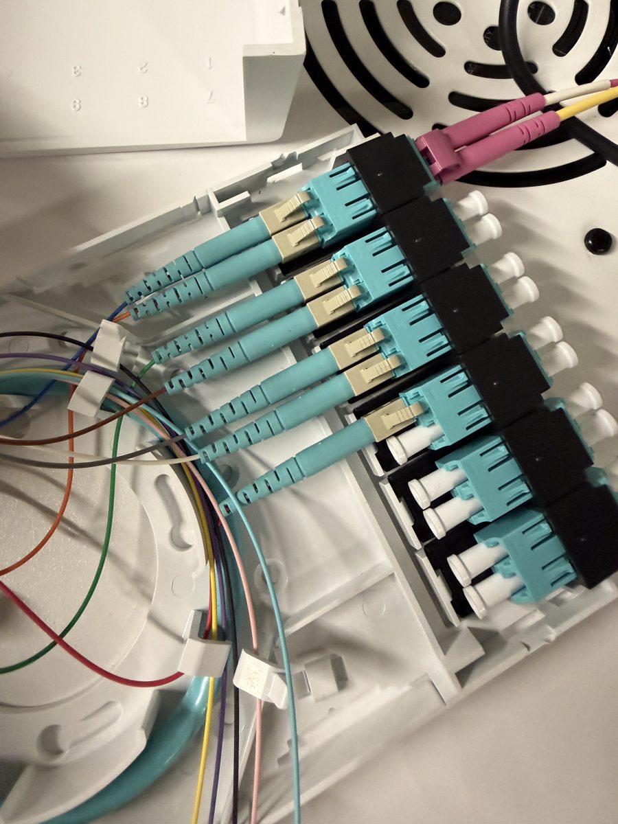 Spliced LC pigtails landed on a fiber patch panel